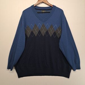 Club Room Sweater Mens 3XB Blue Navy Argyle Merino Wool Blend V-Neck